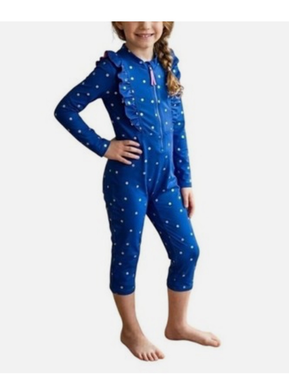 Mini Boden Rashgaurd Onepeice Jumpsuit Swimsuit Girls 7 Longsleeve Polkadot Zip